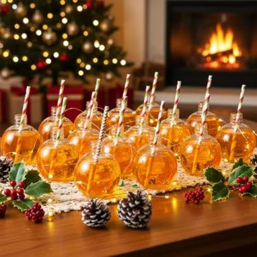 Imagem de Potchen Conjunto de 24 bolas de plástico de Natal com tampas e canudos, copo de bebida preenchível para enfeite de árvore de Natal (cor clássica, 250 ml)