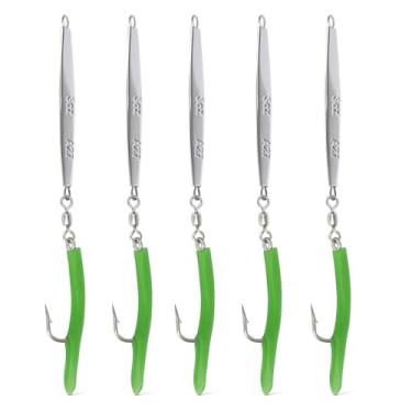Imagem de UMT Pacote com 5 A27 85 g Cape Cod Diamond Jig Chrome, Borracha Verde Teaser 6/0 Gancho Mustad Personalizado – para Atum, Stripers, Bluefish e Robalo