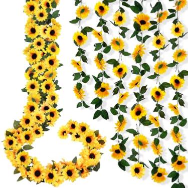 Imagem de Pacote com 12 guirlandas artificiais de girassol, girassóis de seda falsa, vinhas penduradas com folhas verdes para casamento, casa, mesa, jardim, chá de bebê, aniversário, cozinha, decoração de