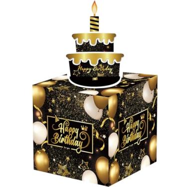 Imagem de 1 caixa de presente preta e dourada, caixa de dinheiro em forma de bolo, perfeita para decorações de aniversário, festivas, Natal e Ano Novo, adicionando um toque de alegria festiva a presentes em