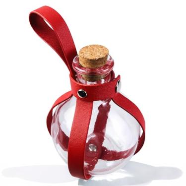 Imagem de Garrafa de poção mágica de feiticeiro com alça de couro e topo de cortiça | Acessórios de poção de fantasia de bruxa | Adereços de fantasias de cientista (vermelho)