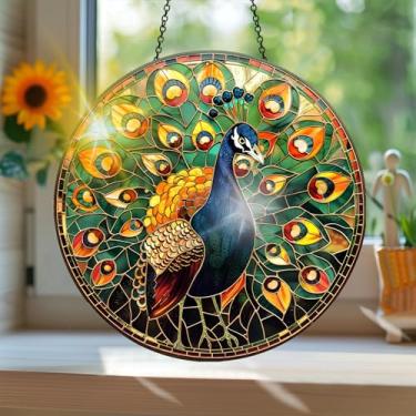 Imagem de Apanhador solar de acrílico colorido, estilo vitral com estampa de pavão animal com reflexos de arco-íris, arte de parede para decoração de janela suspensa, ornamentos de Natal para uso interno e