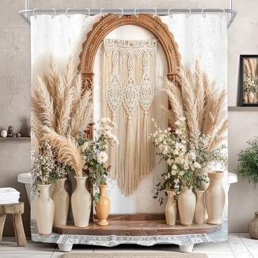 Imagem de Riyidecor Cortina de chuveiro Boho com borlas para decoração de banheiro 152 cm L x 182 cm A bege boêmio floral folhas de flores plantas, junco, botânica, arco de cerâmica, arte impressa, tecido