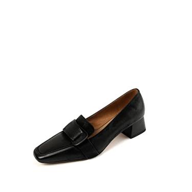 Imagem de TinaCus Mocassins femininos de couro legítimo com bico quadrado feito à mão salto baixo grosso retrô, Preto, 35