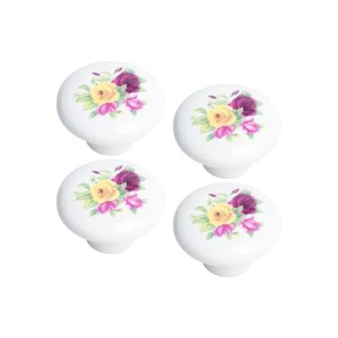 Imagem de Kit 4 Puxador Móvel Antigo Porcelana Gaveta 38mm De Armário (Branco/Floral - MPPON120)