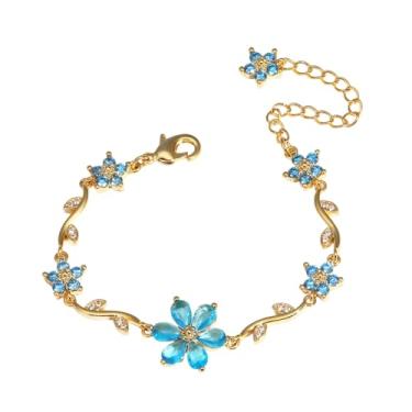 Imagem de NewZenro Pulseira feminina de elos de corrente de zircônia cúbica com flor de pétala banhada a ouro, bonita, delicada, colorida, cristal, floral, floral, ajustável, joia moderna para ela, 5.5 Inches +