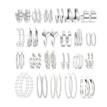 Imagem de Conjunto de 23 pares de brincos de argola de prata para mulheres, pacote com vários brincos de pérola grossos, hipoalergênicos, modernos, pequenos e grandes