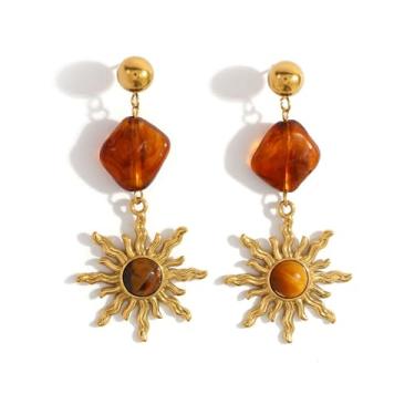Imagem de Brincos femininos com pingente de pedra olho de tigre de sol gótico de aço inoxidável com resina caramelo imitação de âmbar geométrico, borla, miçanga, brinco de declaração banhado a ouro 18 quilates