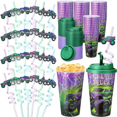 Imagem de Yungyan 24 conjuntos de copos de lembrancinhas de festa de caminhão monstro verde roxo com tampas e canudos para decorações de festa de Halloween reutilizáveis 473 ml Canudos de plástico para presente