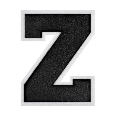 Imagem de 1 PÇ Patch de letra de chenille preto de 11,4 cm com borda branca – Remendos do alfabeto para roupas, jaquetas, mochilas, chapéus para decoração personalizada, nome personalizado e artesanato. (Z)