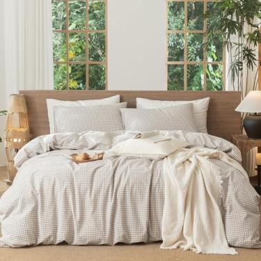 Imagem de MooMee Conjunto de capa de edredom guingão 100% algodão lavado, linho, texturizado, respirável, durável, macio, confortável, moderno design xadrez (minigão cinza de linho, tamanho grande 208 x 218 cm)