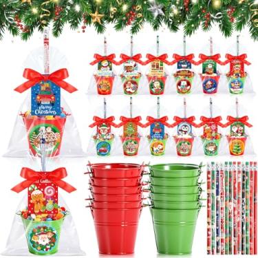 Imagem de Pasimy 24 conjuntos de baldes de Natal para porta-doces, vermelho, preto, mini baldes de metal com lápis, etiquetas, fitas, bolsas, cestos de presentes, para inverno, Natal, Natal, vermelho, preto)