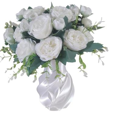 Imagem de CXLZENGH Flores artificiais de peônia 4 pacotes com vaso impresso em 3D, buquês de peônia de seda de toque real para centro de mesa de casamento, decoração de mesa, cozinha e escritório (branco)