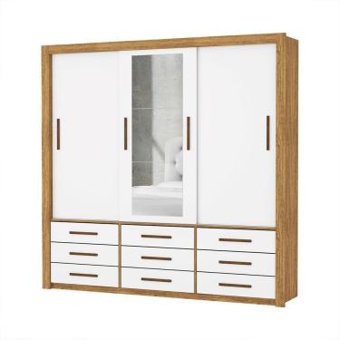 Imagem de Guarda Roupa Roupeiro Anjos 3 Portas De Correr Com Espelho Central 9 Gavetas Carioca Cinamomo Branco