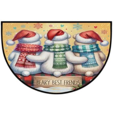 Imagem de Tapete de porta meio redondo, urso de Natal, fofo, antiderrapante, absorvente, semicírculo, tapetes laváveis, meia lua, tapetes para ambientes internos, pátio, cozinha, banheiro, entrada, lareira