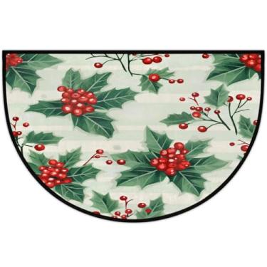 Imagem de Tapete de porta meio redondo, design de baga, azevinho, antiderrapante, absorvente, semicírculo, tapetes laváveis, para ambientes internos e externos, pátio, cozinha, banheiro, entrada, lareira