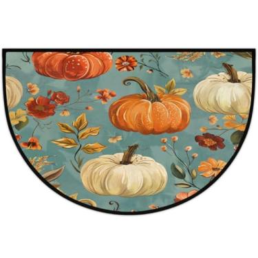 Imagem de Tapete de porta meio redondo, retrô, verde, abóbora, antiderrapante, antiderrapante, semicírculo, lavável, meia lua, tapetes para ambientes internos, pátio, cozinha, banheiro, entrada, lareira