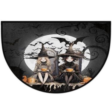 Imagem de Tapete de porta meio redondo Halloween linda bruxa antiderrapante absorvente semicírculo tapetes laváveis meia lua tapetes para interior pátio cozinha banheiro entrada lareira decoração de casa