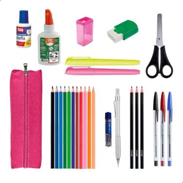 Imagem de Kit Material Escolar Lapis De Cor Canetas Marcador Cola Tesoura E Mais Feminino