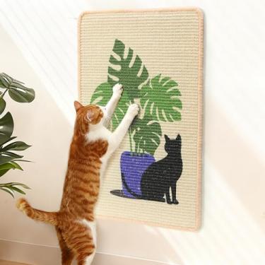 Imagem de FUKUMARU Tapete de sisal para arranhar gatos, 60 x 40 cm, tapete de sisal natural para gatos internos, arranhador de parede horizontal com fitas adesivas, protetor de móveis (Monstera)