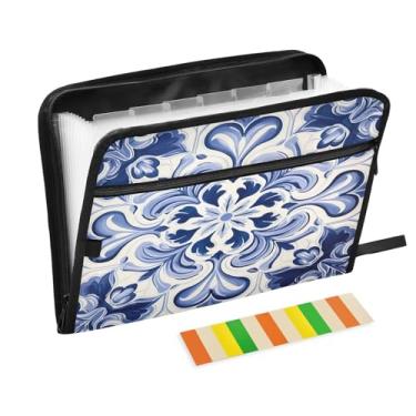 Imagem de Wassud Organizador de arquivos sanfonado de azulejo azul e branco com 13 bolsos, pastas expansíveis com abas e adesivos, organizador de pastas de documentos de recibo de papel tamanho carta A4 para