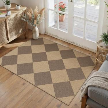 Imagem de PureCozy Capacho frontal de cozinha quadriculado 2x3 quadriculado fácil de cozinha antiderrapante lavável tapete de área neutra diamante não derramamento de pelo baixo marrom quadriculado tapete para