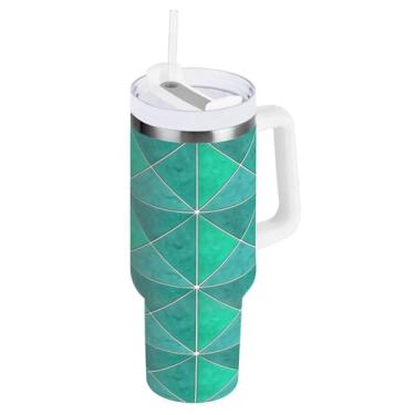 Imagem de Kigai Copo de 850 g com alça, copos isolados de azulejos de cerâmica em forma de turquesa com tampa e canudo, garrafa de água esportiva grande de metal, caneca de café de viagem de aço inoxidável
