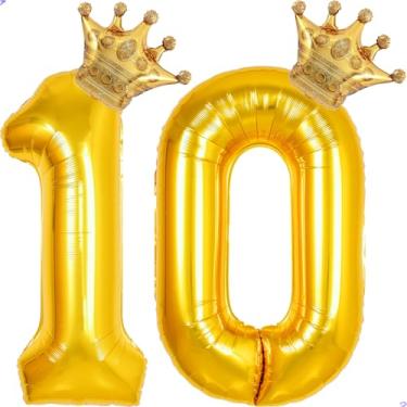 Imagem de 10 balões com números dourados de 101,6 cm para decorações de aniversário de 10 anos para meninas e meninos, balões gigantes jumbo de 10 anos de Mylar