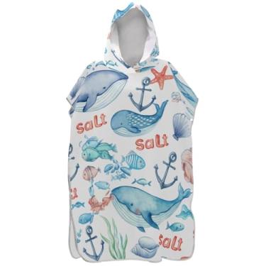 Imagem de Joisal Roupão para adultos poncho de surfe praia banho com capuz toalhas vestíveis adulto ponchos para mulheres baleias fofas azul branco