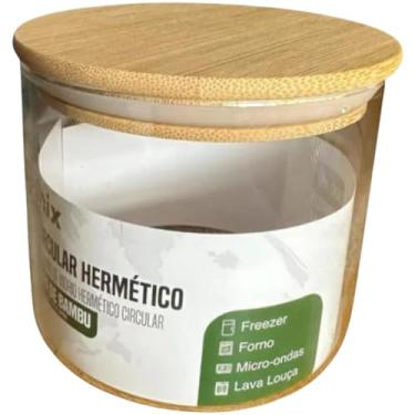 Imagem de Pote de Vidro Hermético com Tampa de Bambu, 500ml, Circular, Borossilicato, Vedação em Silicone, 10cm Diâmetro x 8,5cm Altura