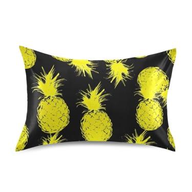 Imagem de Fronhas de cetim preto de abacaxi amarelo floral refrescante padrão King Queen fronha arte fofa para cabelo e pele tamanho Queen 76.2 cm x 50.8 cm