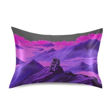 Imagem de Fronhas de cetim lindas estampas de arte refrescantes padrão King Queen Fronha de cama Queen Size 76.2 cm x 50.8 cm desenho animado astronauta roxo montanha