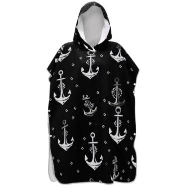 Imagem de Joisal Roupão para adultos, poncho de surfe, toalha de banho com capuz, secagem rápida, ponchos de praia brancos e pretos âncora para homens