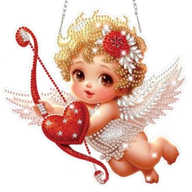 Imagem de Bowetile Kits de pendurar arte diamante dia dos namorados para adultos, arte de diamante suncatchers cupido, formato especial 5D, pintura de diamante, pingente de amor, enfeite de janela, presentes