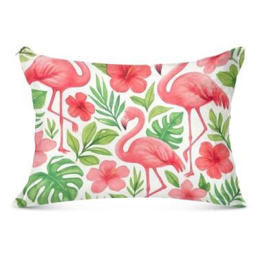 Imagem de Fronha de travesseiro com zíper de flamingos rosa tropical folhas verdes poliéster king queen tamanho padrão fronhas engraçadas decoração de casa, tamanho king, 50,8 cm x 101,6 cm