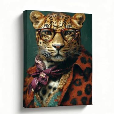 Imagem de Arte de parede de retrato de animal, leopardo renascentista em tela de óculos, gato grande antropomórfico caprichoso, decoração de parede de galeria vintage para sala de estar, escritório, quarto