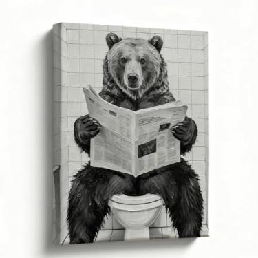 Imagem de Arte de parede de banheiro engraçada, impressão em tela de urso, imagem de animal da floresta de jornal de leitura, decoração de banheiro de cabine rústica, pronta para pendurar, exibição de