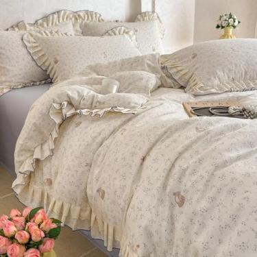 Imagem de AMZTOP Capa de edredom de coelho floral azul bege tamanho Queen com 2 fronhas, conjunto de cama de gaze de musselina de 100 algodão para bebês crianças, capas de edredom de renda leve e respirável com