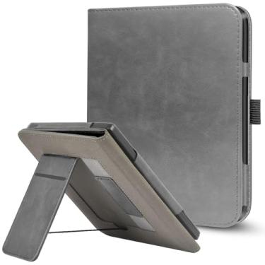 Imagem de Capa com suporte para eReader Kobo Libra de 7 polegadas (2024)/Kobo Libra 2 (2021), capa de couro PU durável com função de hibernar automático, compartimento para cartão, alça de mão, compatível com