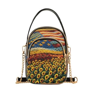Imagem de Joisal Bolsa tiracolo feminina com bandeira americana, girassóis, pequena bolsa de ombro feminina com zíper triplo, Girassóis com bandeira americana, 15*21*8cm