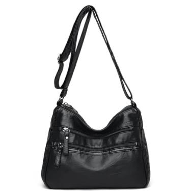 Imagem de Bolsas transversais de couro para mulheres, bolsa de ombro de couro macio com vários bolsos com alça ajustável, preta 26 x 20 cm, Preto, Medium, Bolsa tiracolo