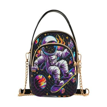 Imagem de Joisal Bolsas transversais pequenas para mulheres, bolsas e bolsas femininas bolsa de ombro com zíper triplo para mulheres, Astronauta Skateboarding in Space, 15*21*8cm