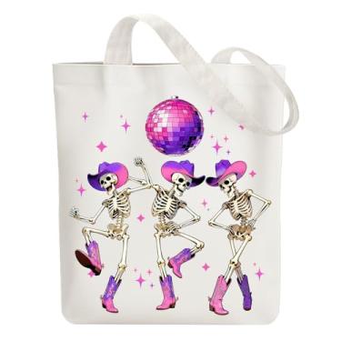 Imagem de ANATTASOUL Sacola de lona com esqueleto de discoteca reutilizável de algodão para mulheres, bolsas de ombro de tecido durável com bolsos com zíper para compras, férias, trabalho, academia