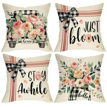 Imagem de Fjfz Capas de almofada decorativas primavera verão flor rosa 45 x 45 conjunto de 4, rosa floral Just Bloom Stay Awhile Varanda Decoração de casa, Buffalo Plaid Truck Mason Jar Bow Farmhouse Sofá Sofá