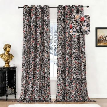 Imagem de Estelar Textiler Cortinas de veludo preto de 274 cm de comprimento para quarto, cortinas blackout com isolamento térmico escurecimento para sala de estar, cortinas com ilhós com estampa floral com