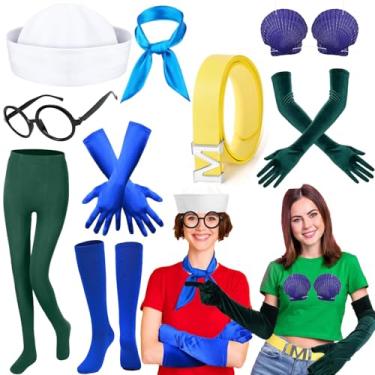 Imagem de Honic 9 peças de fantasia de casal de Halloween, incluindo chapéu de marinheiro, óculos, cachecol, luvas, cinto, sutiã de concha e meia-calça para homens e mulheres, personagem cosplay