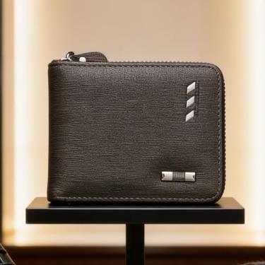 Imagem de Carteira masculina de couro curta com zíper, carteira de couro marrom claro para o dia a dia (cinza-acinzentado)