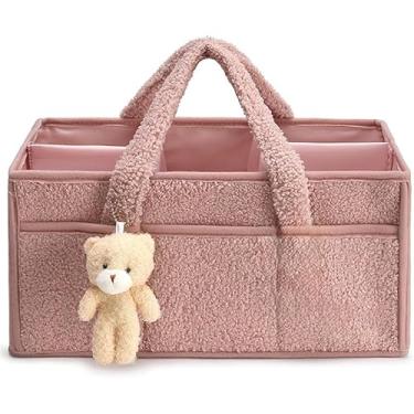 Imagem de QRZLP Organizador de fraldas para bebês, organizador de fraldas com alça para armazenamento de berçário, bolsa sacola para chá de bebê e lista de presentes indispensável. (rosa)