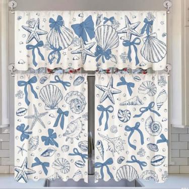 Imagem de Breling Conjunto de 3 peças de cortinas de cozinha com laço azul, estrela-do-mar, concha, para janelas, oceano, litoral, praia, decoração, conjunto de cortinas curtas para quarto, janela, mar, sereia