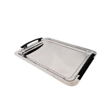 Imagem de Bandeja em Aço Inox 44x33cm para Café da Manhã com Design Moderno Alça Preta Ideal para Bar Aparador Ambiente Escritório Recepção